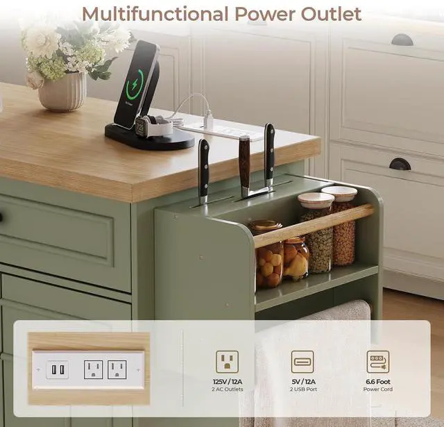 Alt view image 6 of 7 - 58" Kitchen Island with Power Outlet, Rolling Islands Cart, Green