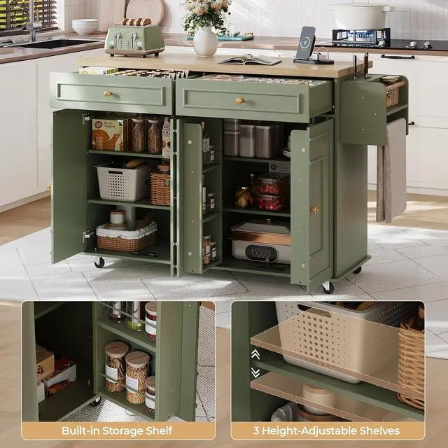 Alt view image 4 of 7 - 58" Kitchen Island with Power Outlet, Rolling Islands Cart, Green