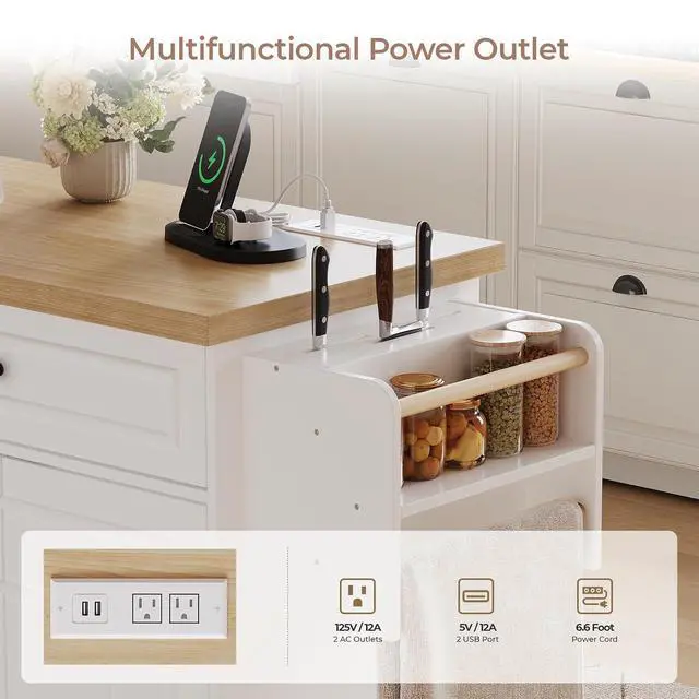 Alt view image 6 of 7 - 58" Kitchen Island with Power Outlet, Rolling Islands Cart, White