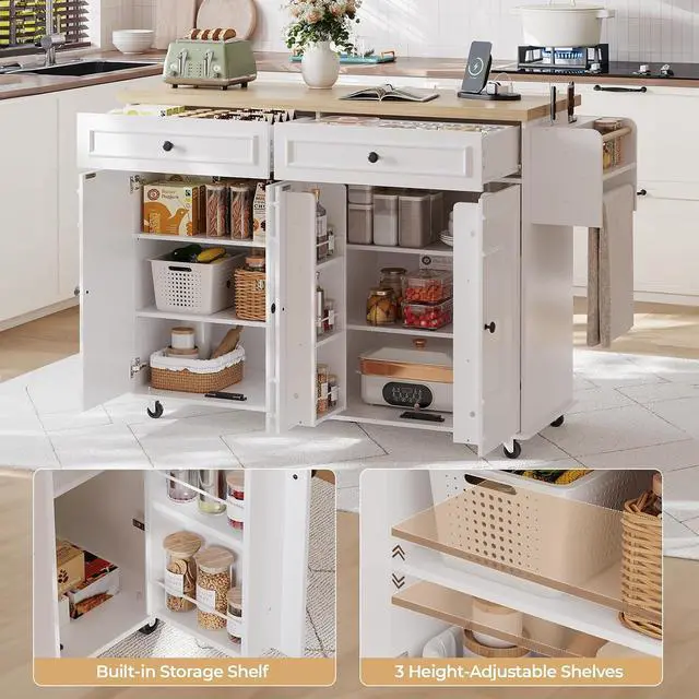 Alt view image 4 of 7 - 58" Kitchen Island with Power Outlet, Rolling Islands Cart, White