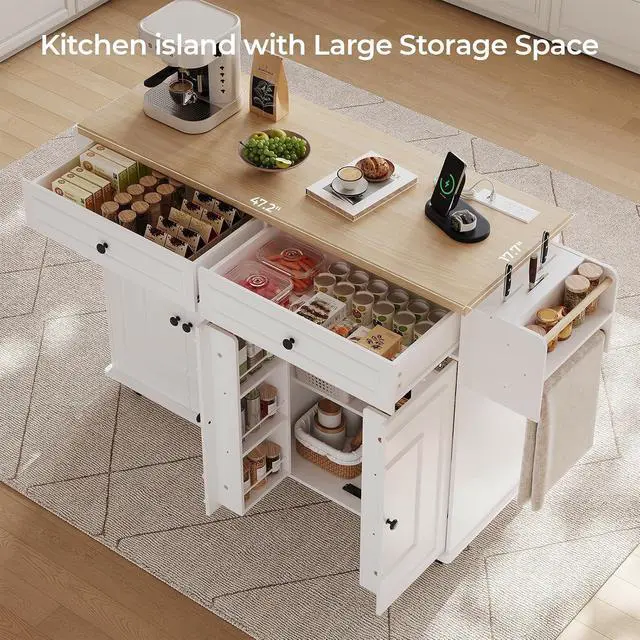 Alt view image 3 of 7 - 58" Kitchen Island with Power Outlet, Rolling Islands Cart, White