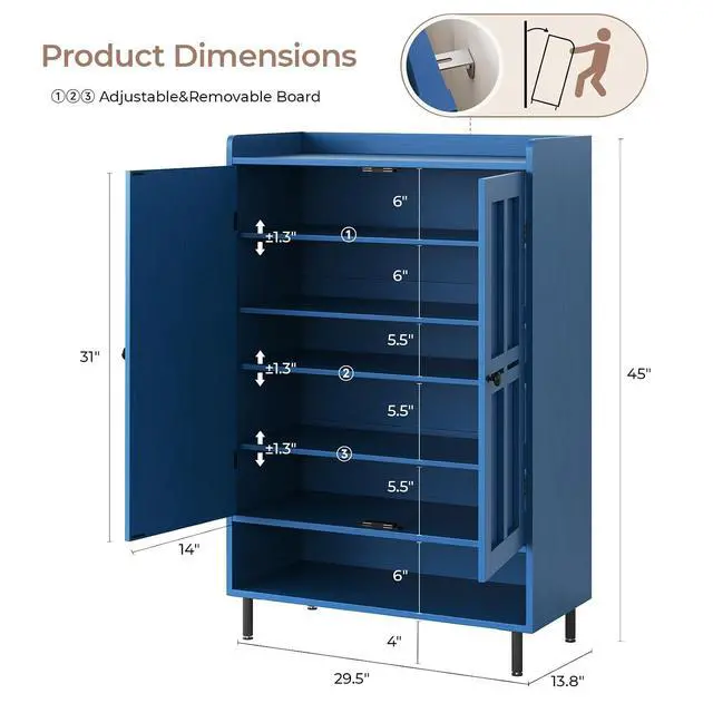 Alt view image 2 of 7 - Shoe Storage Cabinet with 2 Doors, 6-Tier Shoe Cabinet with 3 Adjustable Shelves and Metal Legs, 45'' Tall Shoe Rack Organizer Cabinet for Entryway, Front Door, Blue