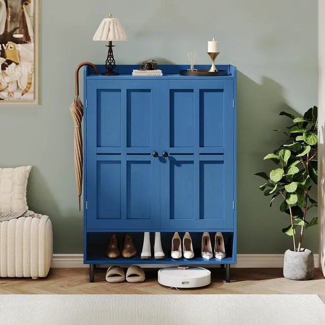 Alt view image 4 of 7 - Shoe Storage Cabinet with 2 Doors, 6-Tier Shoe Cabinet with 3 Adjustable Shelves and Metal Legs, 45'' Tall Shoe Rack Organizer Cabinet for Entryway, Front Door, Blue