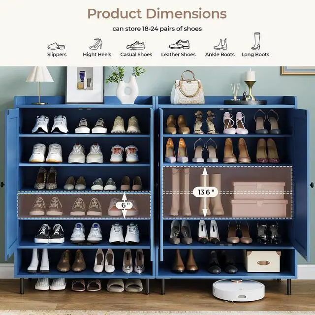 Alt view image 6 of 7 - Shoe Storage Cabinet with 2 Doors, 6-Tier Shoe Cabinet with 3 Adjustable Shelves and Metal Legs, 45'' Tall Shoe Rack Organizer Cabinet for Entryway, Front Door, Blue