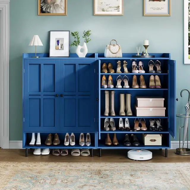 Alt view image 5 of 7 - Shoe Storage Cabinet with 2 Doors, 6-Tier Shoe Cabinet with 3 Adjustable Shelves and Metal Legs, 45'' Tall Shoe Rack Organizer Cabinet for Entryway, Front Door, Blue