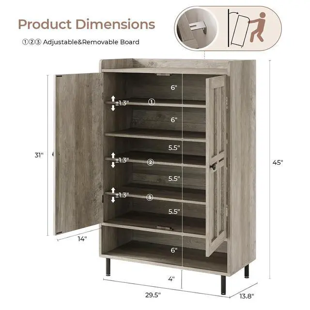 Alt view image 2 of 7 - Shoe Storage Cabinet with 2 Doors, 6-Tier Shoe Cabinet with 3 Adjustable Shelves and Metal Legs, 45'' Tall Shoe Rack Organizer Cabinet for Entryway, Front Door, Gray Wash