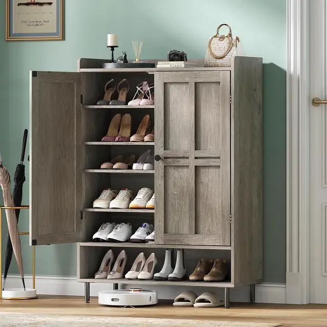 Main image of Shoe Storage Cabinet with 2 Doors, 6-Tier Shoe Cabinet with 3 Adjustable Shelves and Metal Legs, 45'' Tall Shoe Rack Organizer Cabinet for Entryway, Front Door, Gray Wash