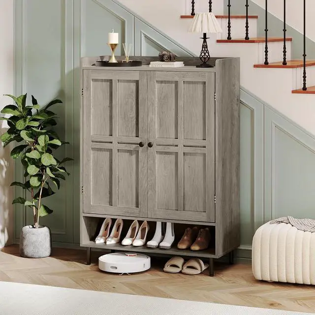 Alt view image 3 of 7 - Shoe Storage Cabinet with 2 Doors, 6-Tier Shoe Cabinet with 3 Adjustable Shelves and Metal Legs, 45'' Tall Shoe Rack Organizer Cabinet for Entryway, Front Door, Gray Wash