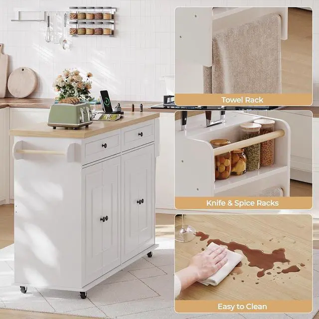 Alt view image 7 of 7 - 58" Kitchen Island with Power Outlet, Rolling Islands Cart, White