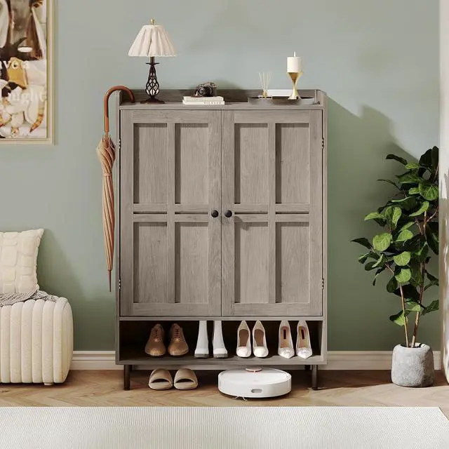 Alt view image 4 of 7 - Shoe Storage Cabinet with 2 Doors, 6-Tier Shoe Cabinet with 3 Adjustable Shelves and Metal Legs, 45'' Tall Shoe Rack Organizer Cabinet for Entryway, Front Door, Gray Wash