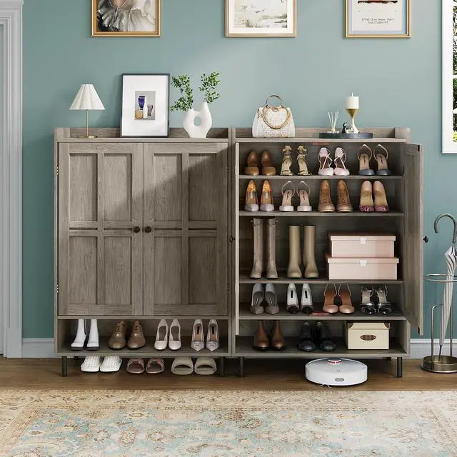 Alt view image 5 of 7 - Shoe Storage Cabinet with 2 Doors, 6-Tier Shoe Cabinet with 3 Adjustable Shelves and Metal Legs, 45'' Tall Shoe Rack Organizer Cabinet for Entryway, Front Door, Gray Wash