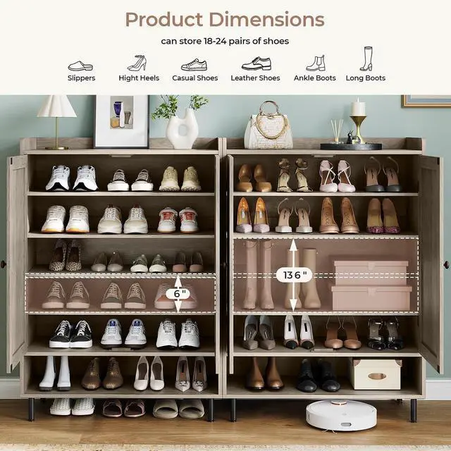 Alt view image 6 of 7 - Shoe Storage Cabinet with 2 Doors, 6-Tier Shoe Cabinet with 3 Adjustable Shelves and Metal Legs, 45'' Tall Shoe Rack Organizer Cabinet for Entryway, Front Door, Gray Wash