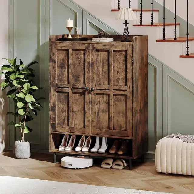 Alt view image 3 of 7 - Shoe Storage Cabinet with 2 Doors, 6-Tier Shoe Cabinet with 3 Adjustable Shelves and Metal Legs, 45'' Tall Shoe Rack Organizer Cabinet for Entryway, Front Door, Rustic Brown