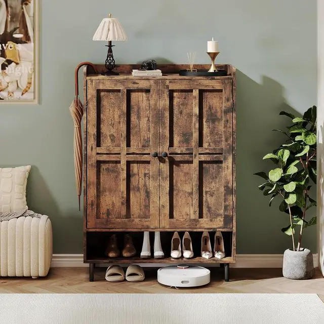 Alt view image 4 of 7 - Shoe Storage Cabinet with 2 Doors, 6-Tier Shoe Cabinet with 3 Adjustable Shelves and Metal Legs, 45'' Tall Shoe Rack Organizer Cabinet for Entryway, Front Door, Rustic Brown