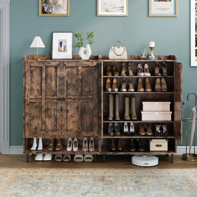 Alt view image 5 of 7 - Shoe Storage Cabinet with 2 Doors, 6-Tier Shoe Cabinet with 3 Adjustable Shelves and Metal Legs, 45'' Tall Shoe Rack Organizer Cabinet for Entryway, Front Door, Rustic Brown