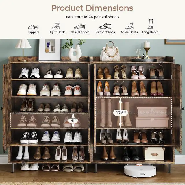 Alt view image 6 of 7 - Shoe Storage Cabinet with 2 Doors, 6-Tier Shoe Cabinet with 3 Adjustable Shelves and Metal Legs, 45'' Tall Shoe Rack Organizer Cabinet for Entryway, Front Door, Rustic Brown