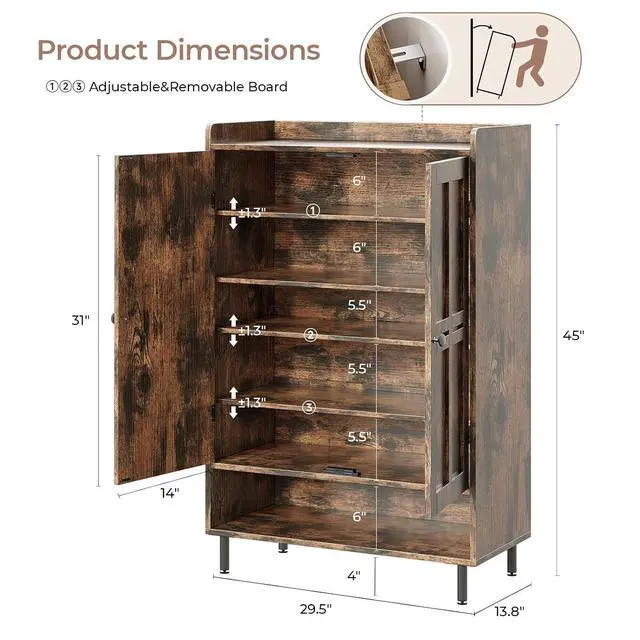 Alt view image 2 of 7 - Shoe Storage Cabinet with 2 Doors, 6-Tier Shoe Cabinet with 3 Adjustable Shelves and Metal Legs, 45'' Tall Shoe Rack Organizer Cabinet for Entryway, Front Door, Rustic Brown