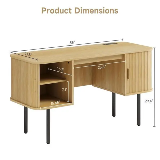 Alt view image 2 of 7 - 55 Inch Fluted Computer Desk with Power Outlets, Oak