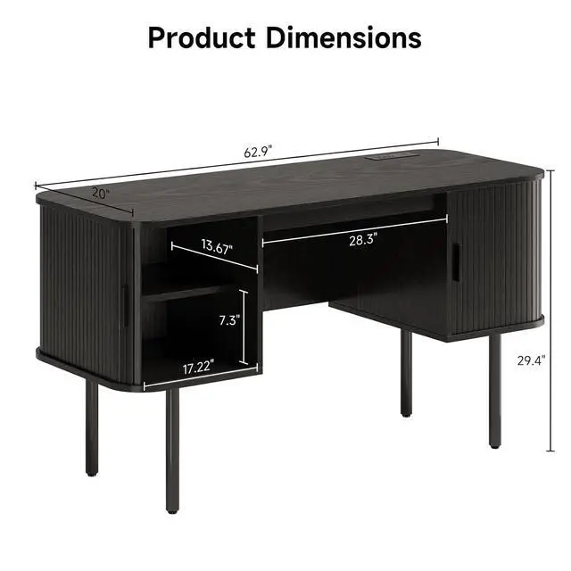 Alt view image 2 of 7 - 63 Inch Fluted Computer Desk with Power Outlets, Black