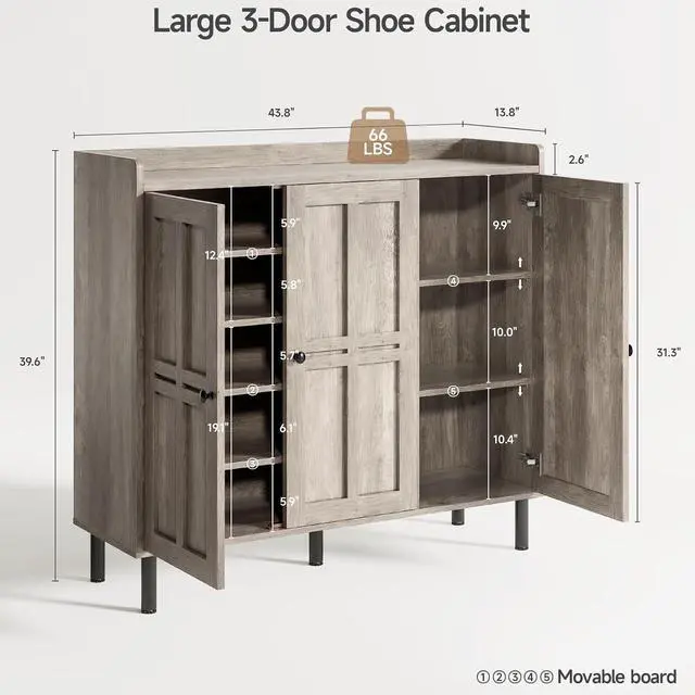 Alt view image 2 of 7 - Shoe Storage Cabinet with 3 Doors, 8-Tier Shoe Cabinet with 5 Adjustable Shelves and Metal Legs, 40'' Tall Shoe Rack Organizer Cabinet for Entryway, Front Door, Gray Wash