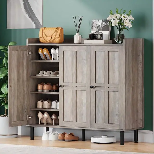 Main image of Shoe Storage Cabinet with 3 Doors, 8-Tier Shoe Cabinet with 5 Adjustable Shelves and Metal Legs, 40'' Tall Shoe Rack Organizer Cabinet for Entryway, Front Door, Gray Wash