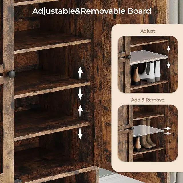 Alt view image 7 of 7 - Shoe Storage Cabinet with 2 Doors, 6-Tier Shoe Cabinet with 3 Adjustable Shelves and Metal Legs, 45'' Tall Shoe Rack Organizer Cabinet for Entryway, Front Door, Rustic Brown