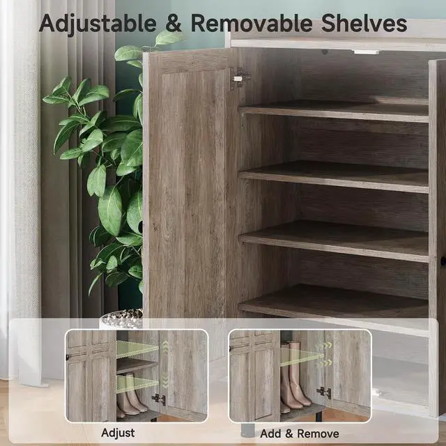 Alt view image 4 of 7 - Shoe Storage Cabinet with 3 Doors, 8-Tier Shoe Cabinet with 5 Adjustable Shelves and Metal Legs, 40'' Tall Shoe Rack Organizer Cabinet for Entryway, Front Door, Gray Wash