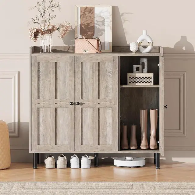Alt view image 6 of 7 - Shoe Storage Cabinet with 3 Doors, 8-Tier Shoe Cabinet with 5 Adjustable Shelves and Metal Legs, 40'' Tall Shoe Rack Organizer Cabinet for Entryway, Front Door, Gray Wash