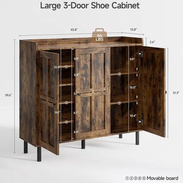 Alt view image 2 of 7 - Shoe Storage Cabinet with 3 Doors, 8-Tier Shoe Cabinet with 5 Adjustable Shelves and Metal Legs, 40'' Tall Shoe Rack Organizer Cabinet for Entryway, Front Door, Rustic Brown