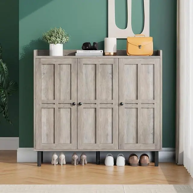 Alt view image 3 of 7 - Shoe Storage Cabinet with 3 Doors, 8-Tier Shoe Cabinet with 5 Adjustable Shelves and Metal Legs, 40'' Tall Shoe Rack Organizer Cabinet for Entryway, Front Door, Gray Wash
