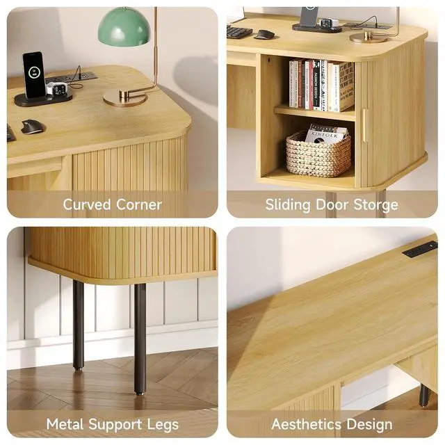 Alt view image 3 of 7 - 55 Inch Fluted Computer Desk with Power Outlets, Oak