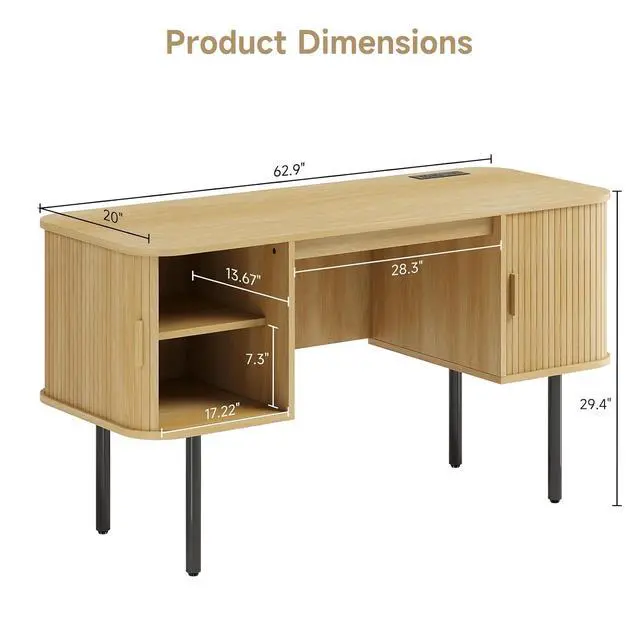 Alt view image 2 of 7 - 63 Inch Fluted Computer Desk with Power Outlets, Oak