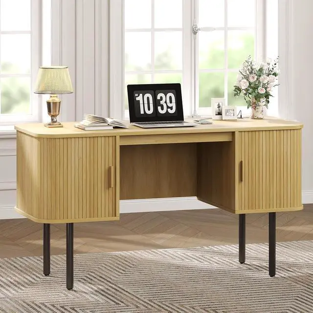 Alt view image 4 of 7 - 55 Inch Fluted Computer Desk with Power Outlets, Oak