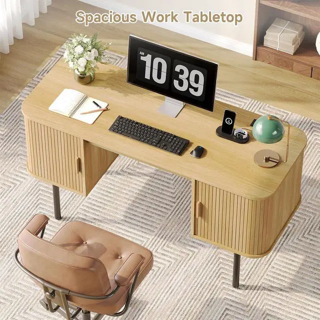 Alt view image 6 of 7 - 55 Inch Fluted Computer Desk with Power Outlets, Oak