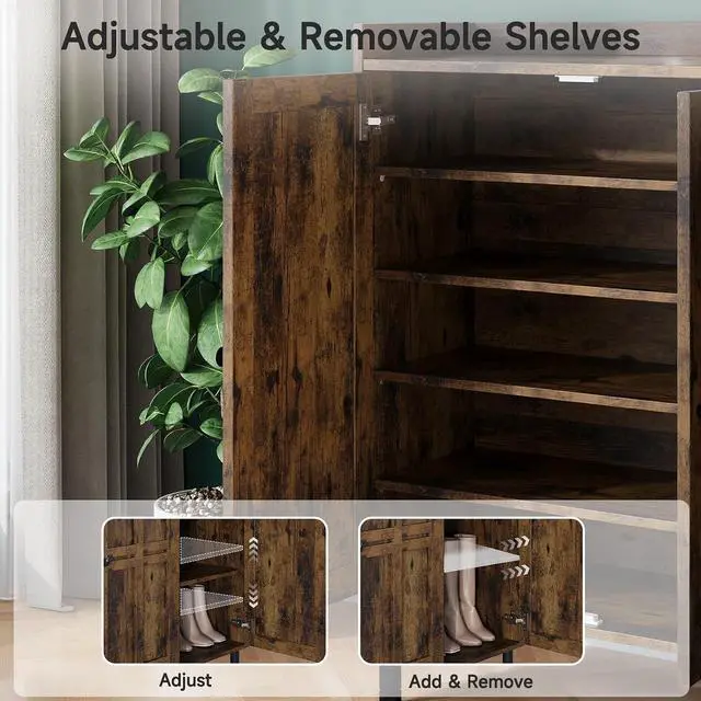Alt view image 4 of 7 - Shoe Storage Cabinet with 3 Doors, 8-Tier Shoe Cabinet with 5 Adjustable Shelves and Metal Legs, 40'' Tall Shoe Rack Organizer Cabinet for Entryway, Front Door, Rustic Brown