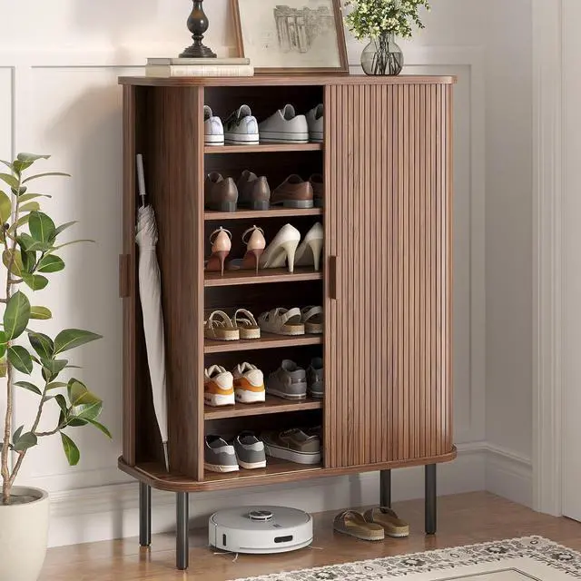 Main image of 6-Tier Shoe Storage Cabinet for Entryway with Sliding Door Walnut