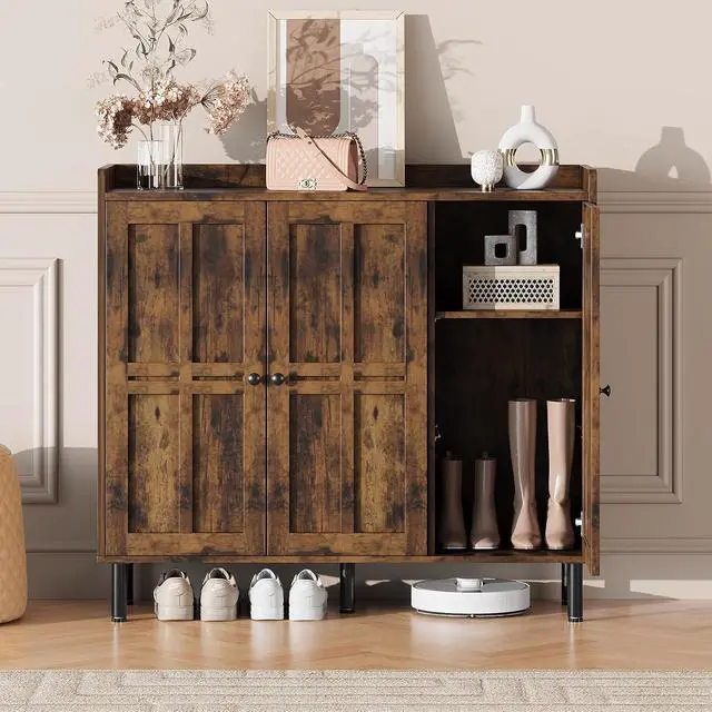 Alt view image 6 of 7 - Shoe Storage Cabinet with 3 Doors, 8-Tier Shoe Cabinet with 5 Adjustable Shelves and Metal Legs, 40'' Tall Shoe Rack Organizer Cabinet for Entryway, Front Door, Rustic Brown