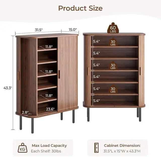 Alt view image 2 of 7 - 6-Tier Shoe Storage Cabinet for Entryway with Sliding Door Walnut