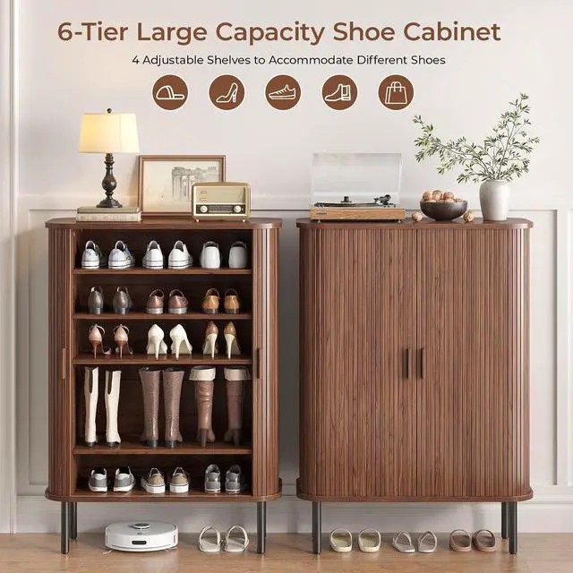 Alt view image 3 of 7 - 6-Tier Shoe Storage Cabinet for Entryway with Sliding Door Walnut