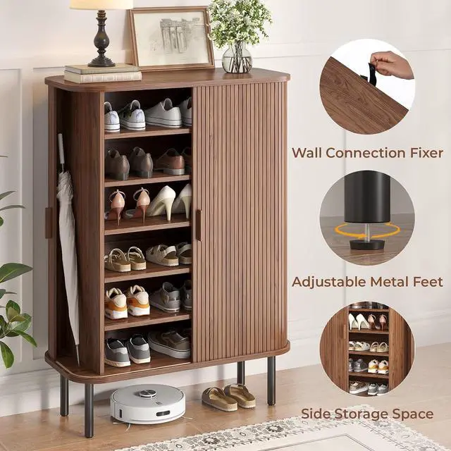 Alt view image 5 of 7 - 6-Tier Shoe Storage Cabinet for Entryway with Sliding Door Walnut