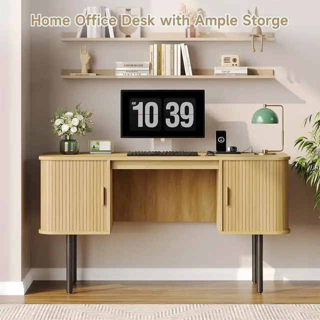 Alt view image 7 of 7 - 55 Inch Fluted Computer Desk with Power Outlets, Oak