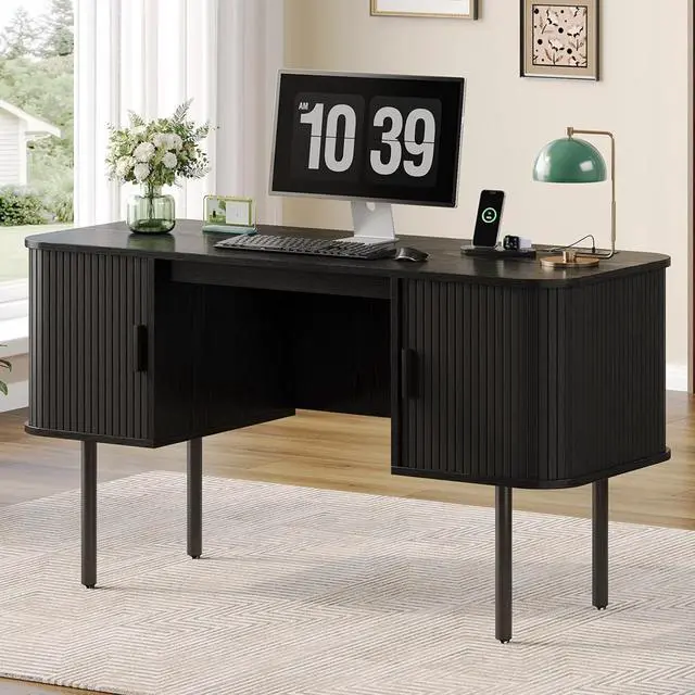 Main image of 63 Inch Fluted Computer Desk with Power Outlets, Black