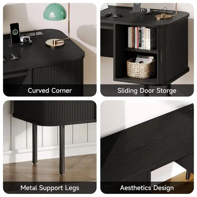 Alt view image 3 of 7 - 63 Inch Fluted Computer Desk with Power Outlets, Black