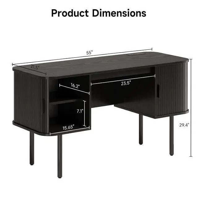 Alt view image 2 of 7 - 55 Inch Fluted Computer Desk with Power Outlets, Black