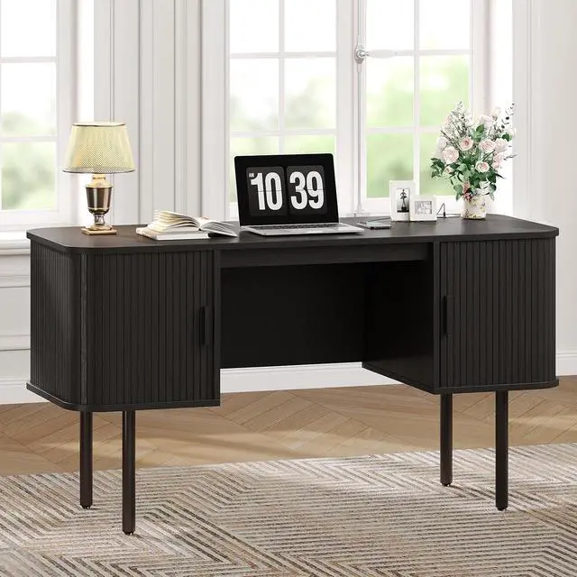 Alt view image 4 of 7 - 63 Inch Fluted Computer Desk with Power Outlets, Black