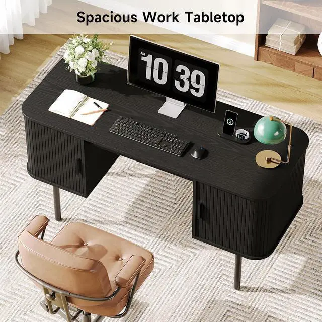 Alt view image 6 of 7 - 63 Inch Fluted Computer Desk with Power Outlets, Black