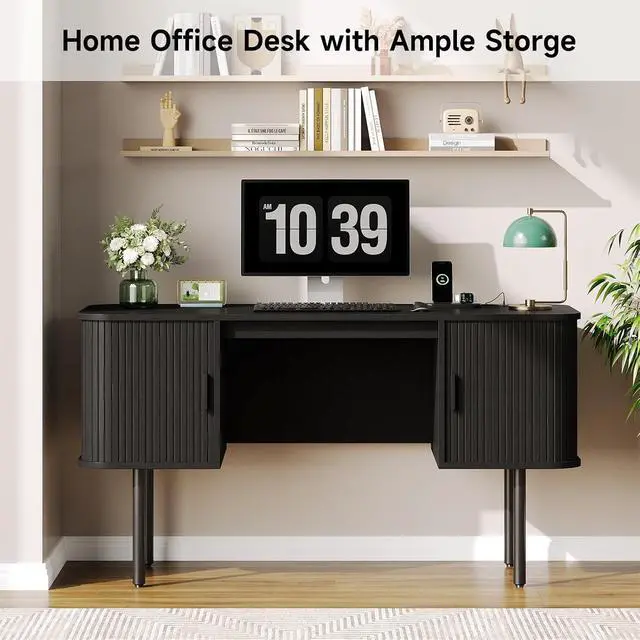 Alt view image 7 of 7 - 63 Inch Fluted Computer Desk with Power Outlets, Black