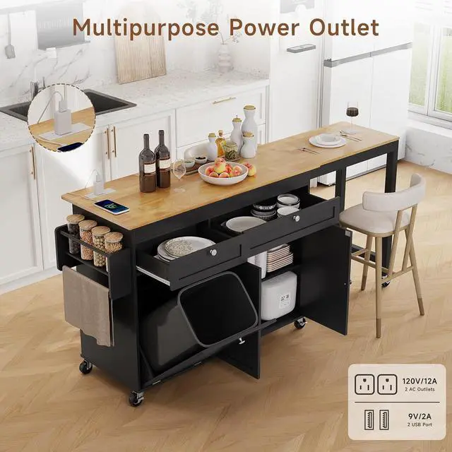 Alt view image 2 of 7 - Kitchen Islands with Storage, Extendable Dining Table and Power Outlet