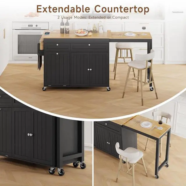 Alt view image 3 of 7 - Kitchen Islands with Storage, Extendable Dining Table and Power Outlet