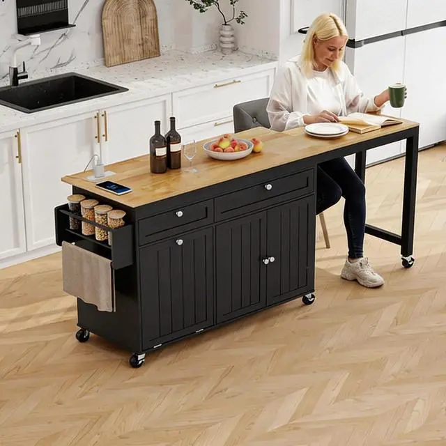 Alt view image 4 of 7 - Kitchen Islands with Storage, Extendable Dining Table and Power Outlet